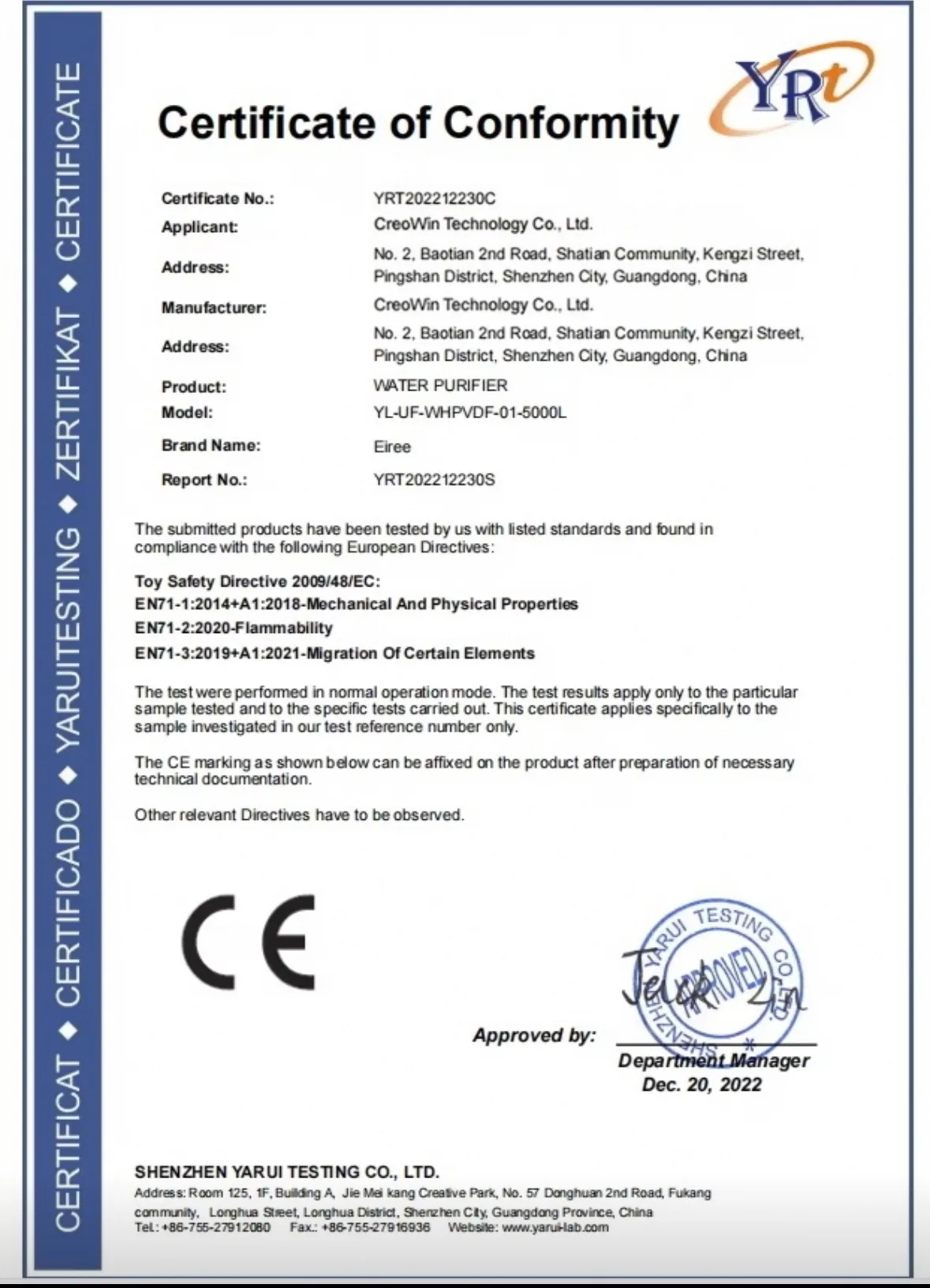 CE Water Purifier Certificate