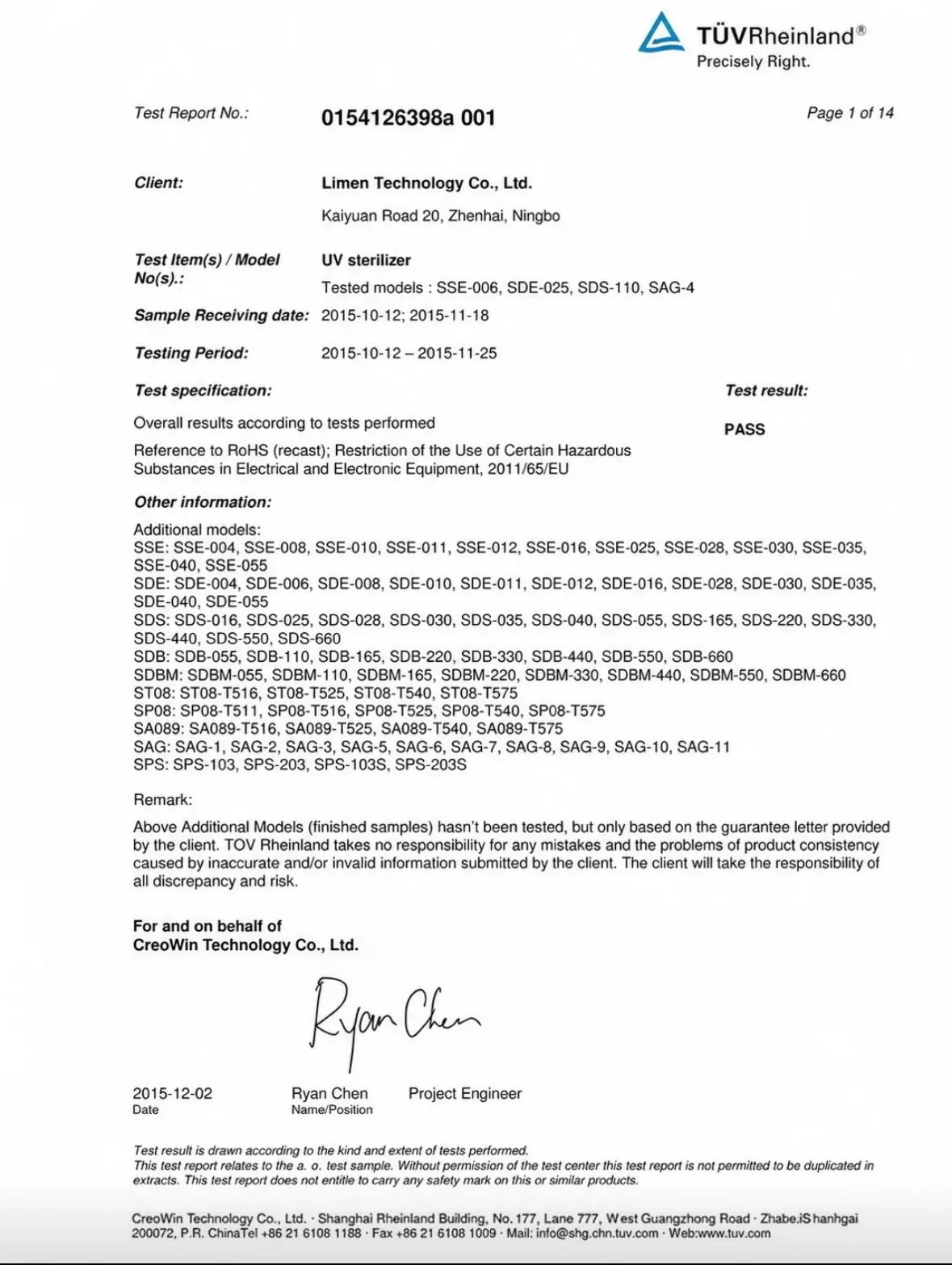 TÜV Rheinland RoHS Test Report