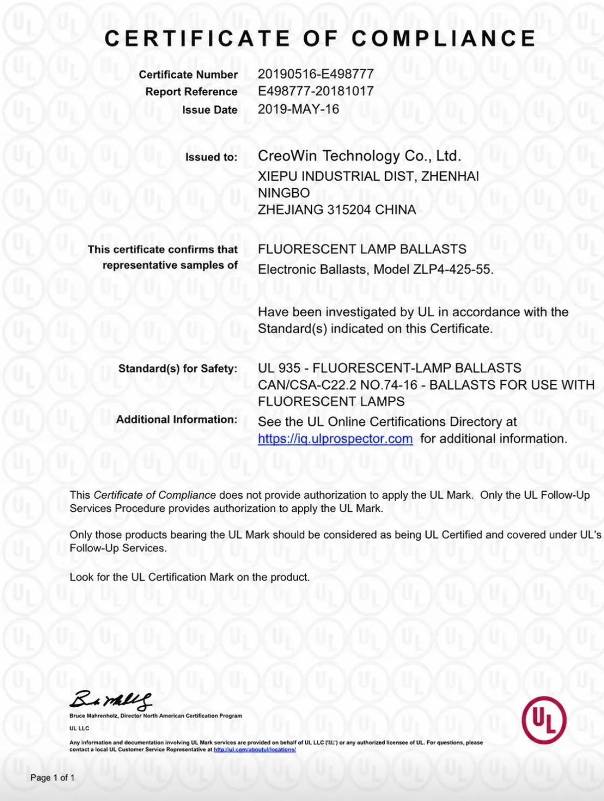 UL Certificate of Compliance