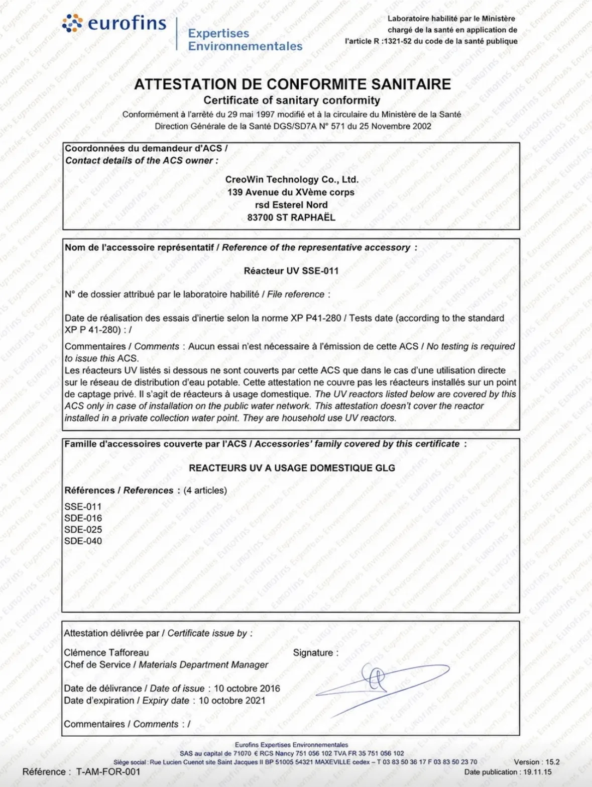 ACS Certificate of Sanitary Conformity