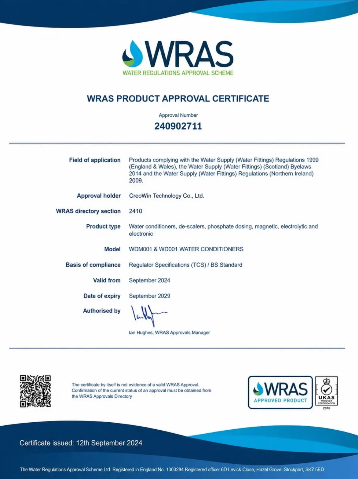 WRAS Product Approval Certificate